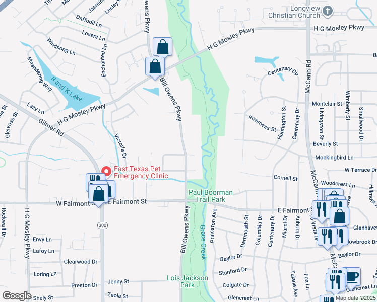map of restaurants, bars, coffee shops, grocery stores, and more near 5A Grayson Court in Longview