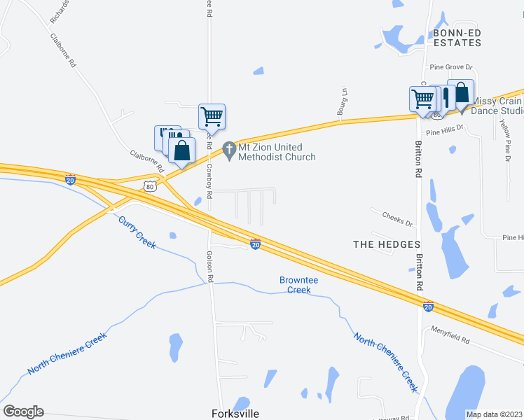 map of restaurants, bars, coffee shops, grocery stores, and more near 161 Cowboy Lane in Calhoun