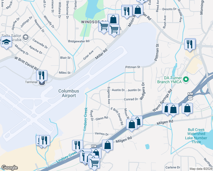 map of restaurants, bars, coffee shops, grocery stores, and more near 5421 Eugenia Avenue in Columbus