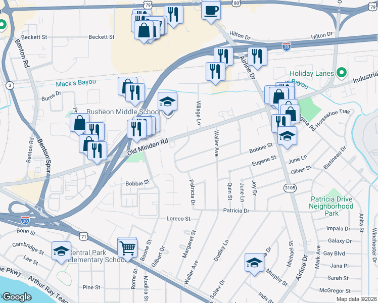 map of restaurants, bars, coffee shops, grocery stores, and more near 113 Yjean Street in Bossier City