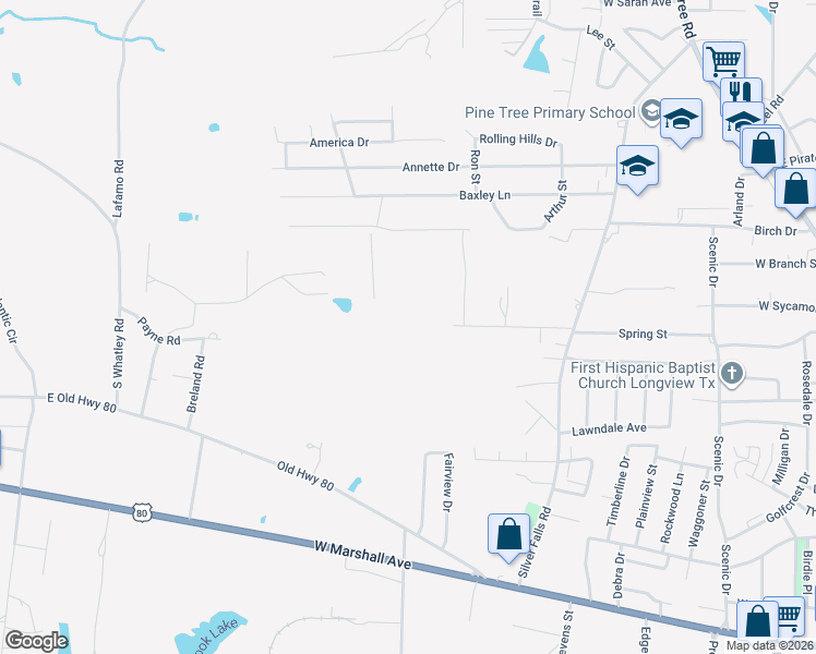 map of restaurants, bars, coffee shops, grocery stores, and more near 1301 Frankie Lane in Longview