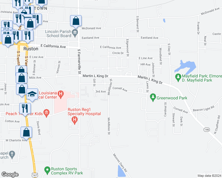 map of restaurants, bars, coffee shops, grocery stores, and more near 902 Cornell Avenue in Ruston