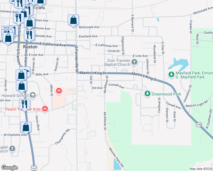 map of restaurants, bars, coffee shops, grocery stores, and more near 902 Cornell Avenue in Ruston