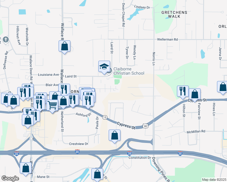 map of restaurants, bars, coffee shops, grocery stores, and more near 173-299 Betty Lane in West Monroe