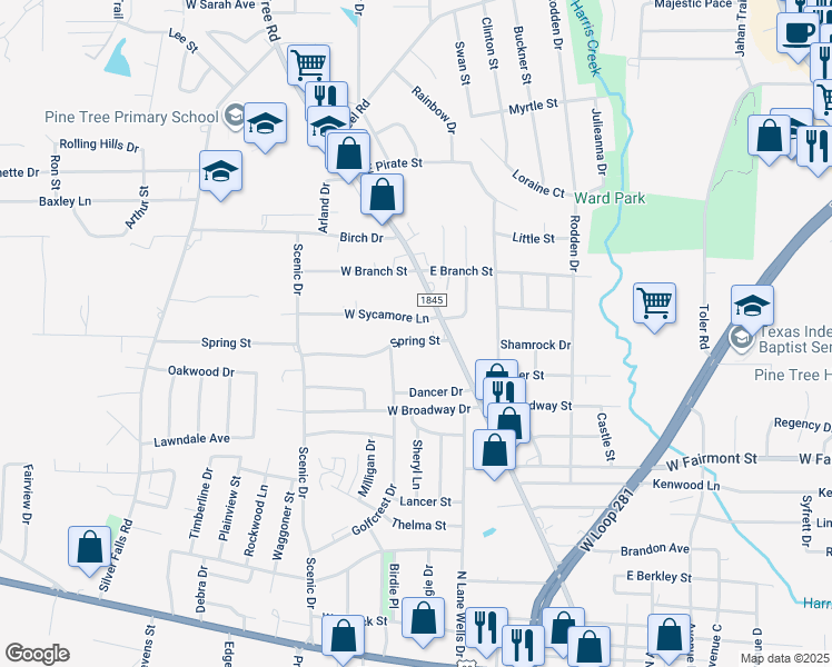 map of restaurants, bars, coffee shops, grocery stores, and more near 204 West Sycamore Lane in Longview
