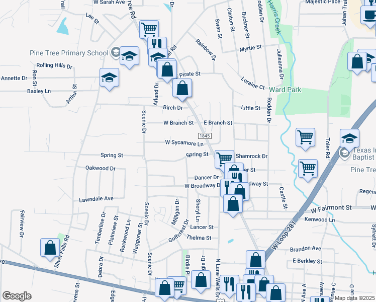 map of restaurants, bars, coffee shops, grocery stores, and more near 404 West Sycamore Lane in Longview