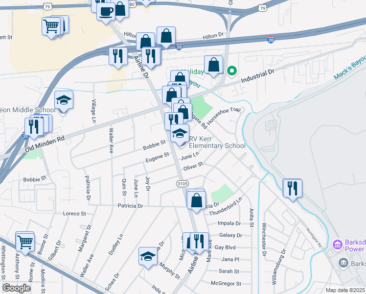 map of restaurants, bars, coffee shops, grocery stores, and more near 1700 Airline Drive in Bossier City