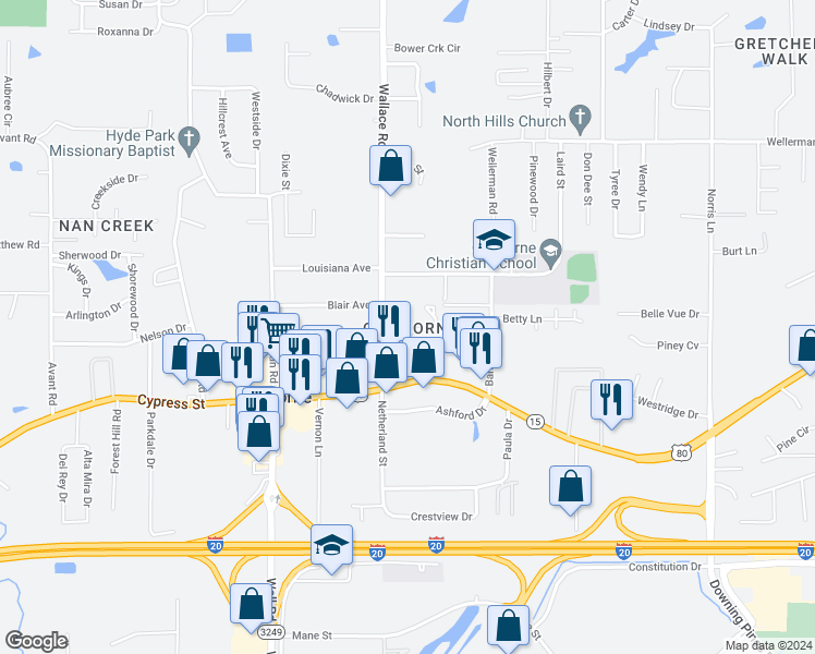 map of restaurants, bars, coffee shops, grocery stores, and more near 308 Claiborne Creek Drive in West Monroe