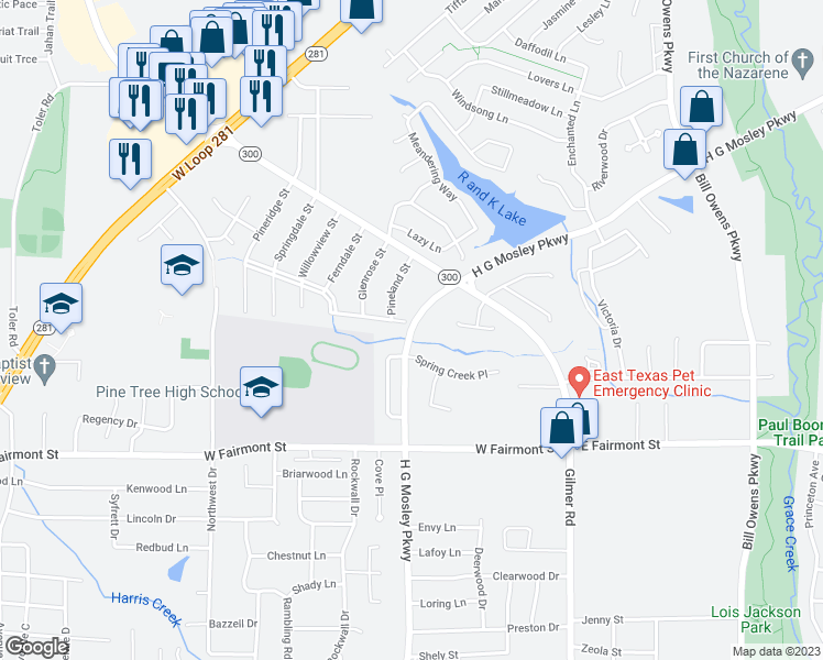 map of restaurants, bars, coffee shops, grocery stores, and more near 1401 H G Moseley Parkway in Longview