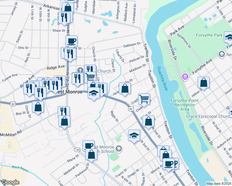 map of restaurants, bars, coffee shops, grocery stores, and more near 100 West Street in West Monroe