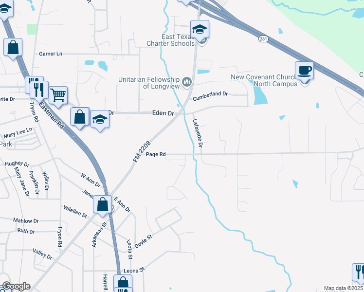 map of restaurants, bars, coffee shops, grocery stores, and more near 1907 Page Road in Longview