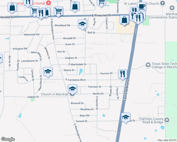 map of restaurants, bars, coffee shops, grocery stores, and more near 2907 Tower Drive in Marshall