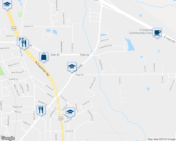 map of restaurants, bars, coffee shops, grocery stores, and more near 1903 Page Road in Longview