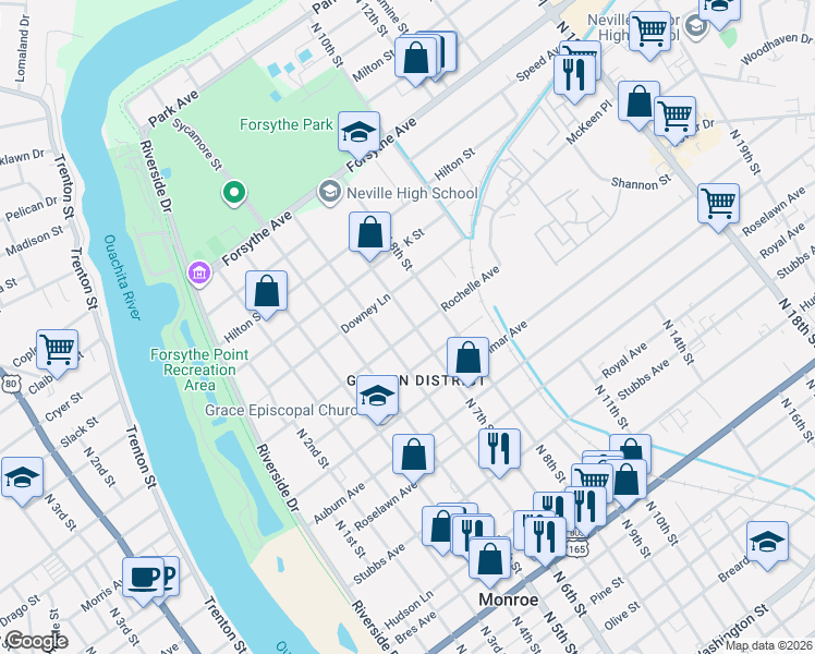 map of restaurants, bars, coffee shops, grocery stores, and more near 1606 North 6th Street in Monroe