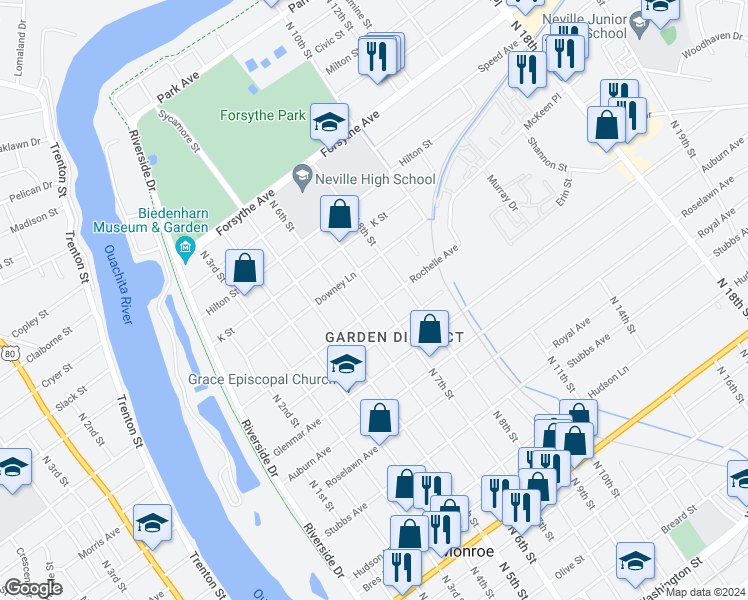 map of restaurants, bars, coffee shops, grocery stores, and more near 1606 North 6th Street in Monroe
