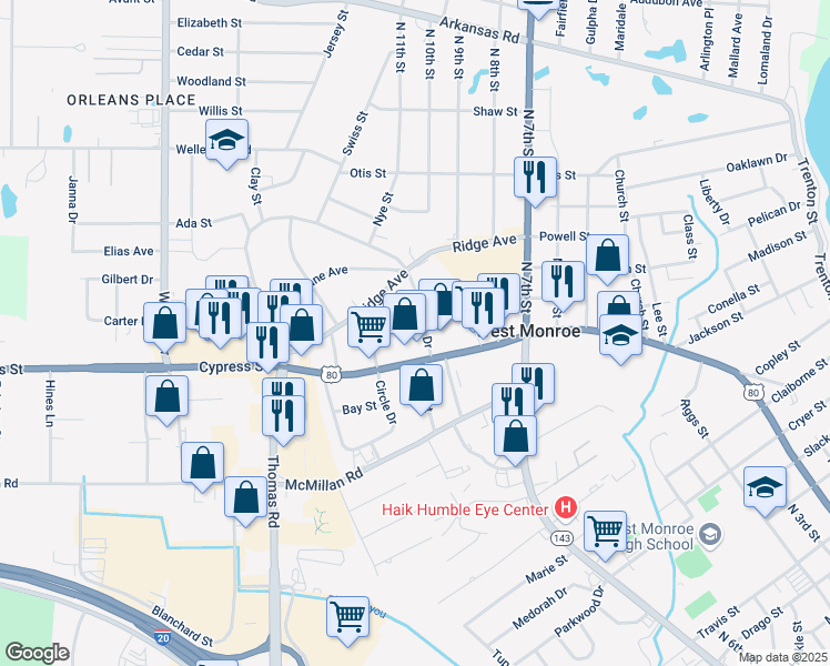 map of restaurants, bars, coffee shops, grocery stores, and more near 3002 Cypress St in West Monroe
