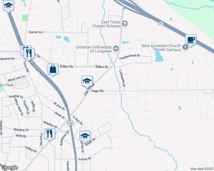 map of restaurants, bars, coffee shops, grocery stores, and more near 1903 Page Rd in Longview