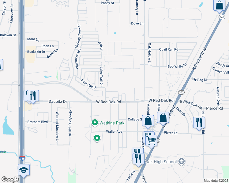 map of restaurants, bars, coffee shops, grocery stores, and more near 413 West Red Oak Road in Red Oak