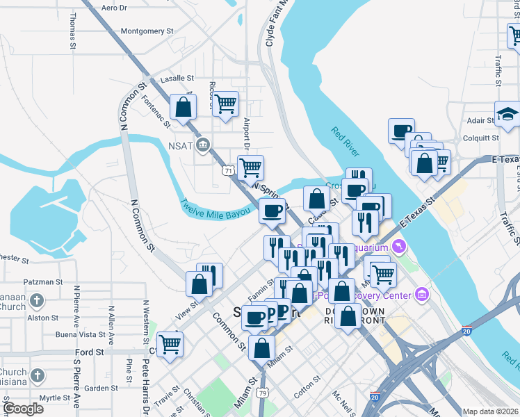 map of restaurants, bars, coffee shops, grocery stores, and more near 33 North Market Street in Shreveport