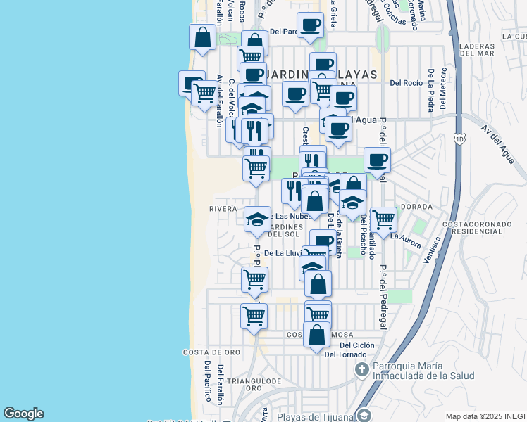 map of restaurants, bars, coffee shops, grocery stores, and more near 1332 Paseo Playas de Tijuana in Tijuana