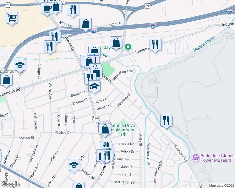 map of restaurants, bars, coffee shops, grocery stores, and more near 3119 Oliver Street in Bossier City