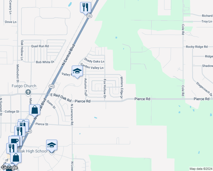 map of restaurants, bars, coffee shops, grocery stores, and more near 401 Pecan Hollow Drive in Red Oak
