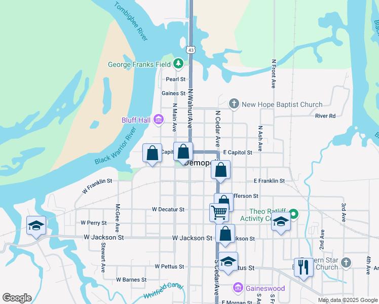 map of restaurants, bars, coffee shops, grocery stores, and more near 100 West Capitol Street in Demopolis