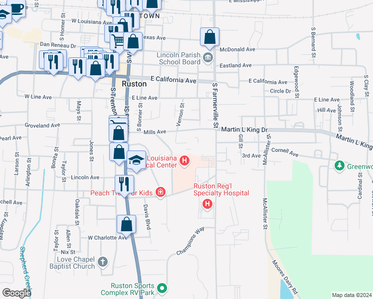 map of restaurants, bars, coffee shops, grocery stores, and more near 719 2nd Street in Ruston