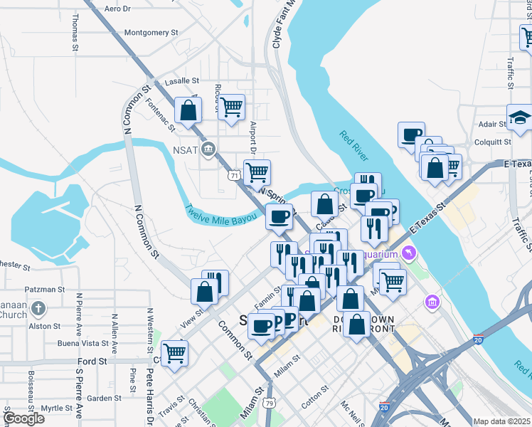 map of restaurants, bars, coffee shops, grocery stores, and more near 45 North Market Street in Shreveport