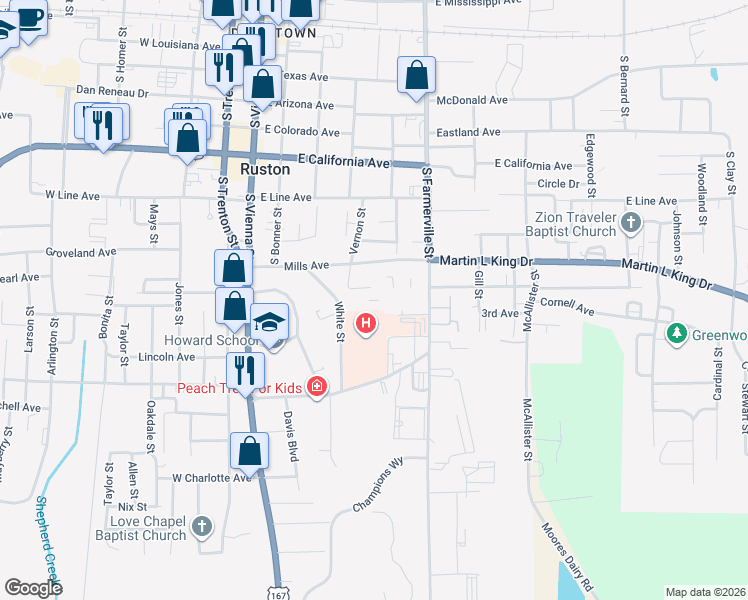 map of restaurants, bars, coffee shops, grocery stores, and more near 401 2nd Street in Ruston