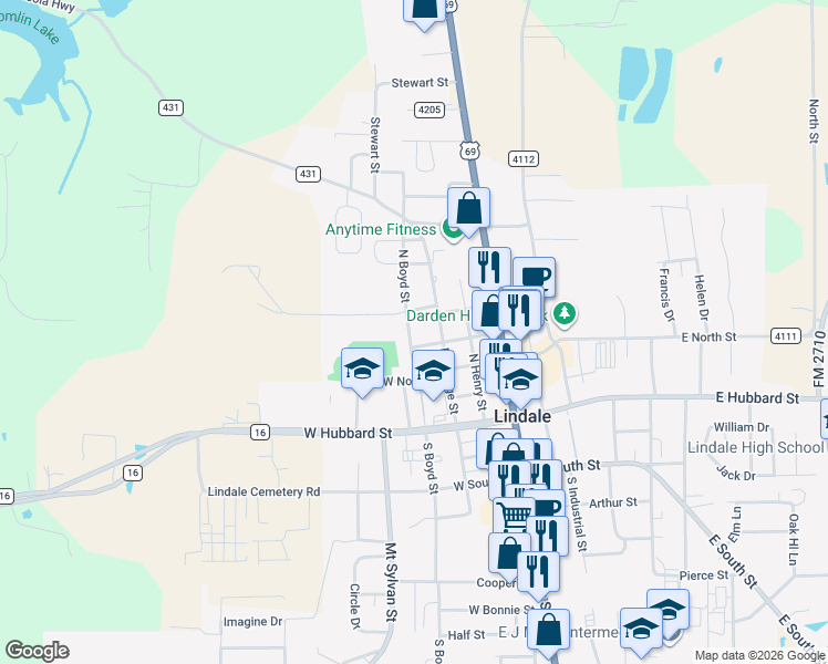 map of restaurants, bars, coffee shops, grocery stores, and more near 407 North Boyd Street in Lindale