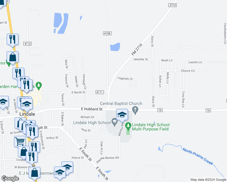 map of restaurants, bars, coffee shops, grocery stores, and more near 13949 Farm to Market Road 2710 in Lindale