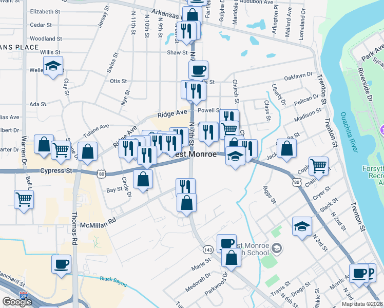 map of restaurants, bars, coffee shops, grocery stores, and more near in West Monroe