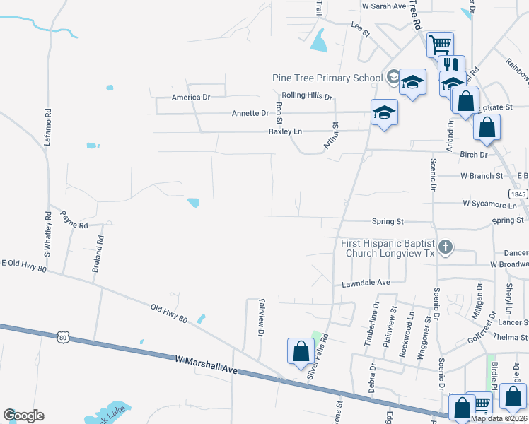 map of restaurants, bars, coffee shops, grocery stores, and more near 1301 Frankie Lane in Longview