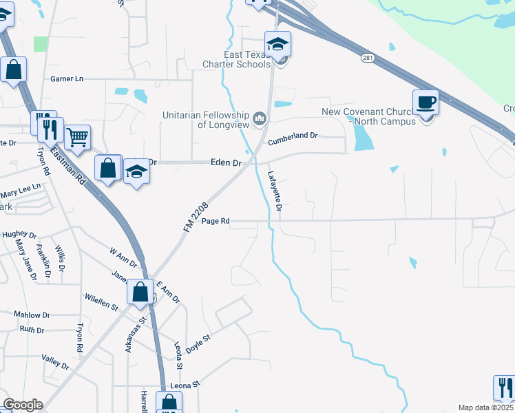 map of restaurants, bars, coffee shops, grocery stores, and more near 1907 Page Road in Longview