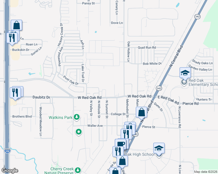 map of restaurants, bars, coffee shops, grocery stores, and more near 216 Methodist Street in Red Oak