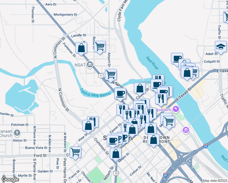 map of restaurants, bars, coffee shops, grocery stores, and more near 91 North Market Street in Shreveport