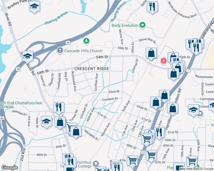 map of restaurants, bars, coffee shops, grocery stores, and more near 5221 Thomason Avenue in Columbus