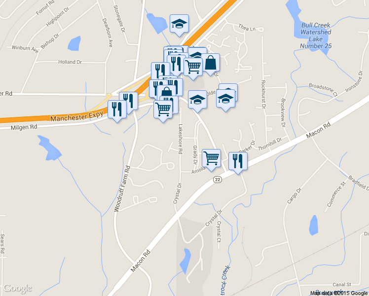 map of restaurants, bars, coffee shops, grocery stores, and more near 5310 Lakeshore Road in Columbus