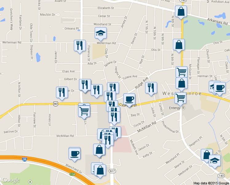 map of restaurants, bars, coffee shops, grocery stores, and more near 807 Splane Dr in West Monroe