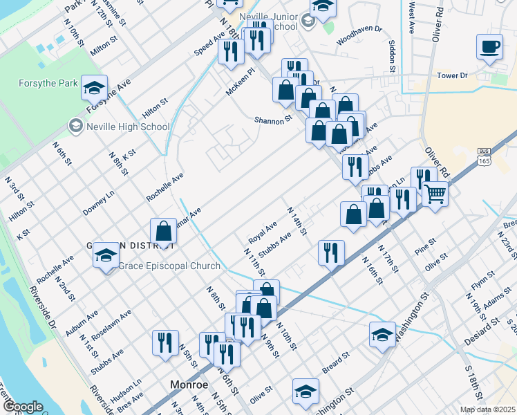 map of restaurants, bars, coffee shops, grocery stores, and more near 1301 Roselawn Avenue in Monroe