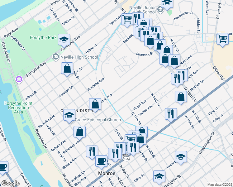 map of restaurants, bars, coffee shops, grocery stores, and more near 902 Glenmar Avenue in Monroe