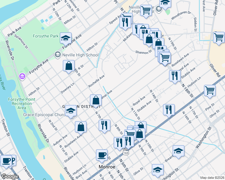 map of restaurants, bars, coffee shops, grocery stores, and more near Glenmar Avenue in Monroe