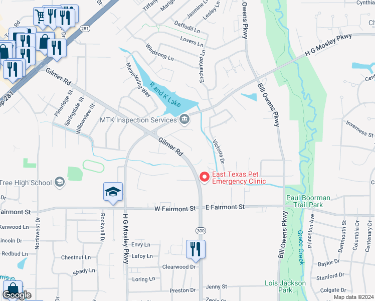 map of restaurants, bars, coffee shops, grocery stores, and more near 1106 Richwood Street in Longview