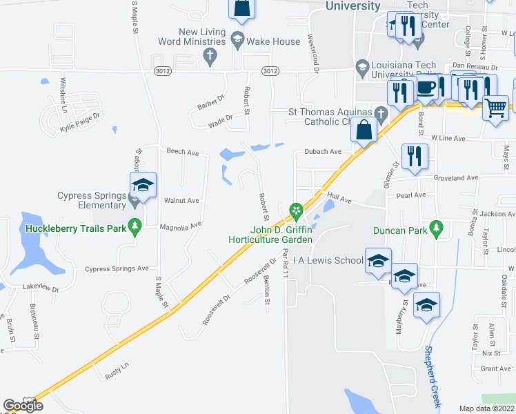 map of restaurants, bars, coffee shops, grocery stores, and more near 912 Robert Street in Ruston