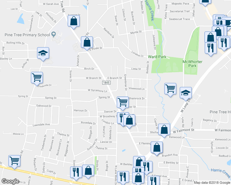 map of restaurants, bars, coffee shops, grocery stores, and more near 102 East Sycamore Lane in Longview