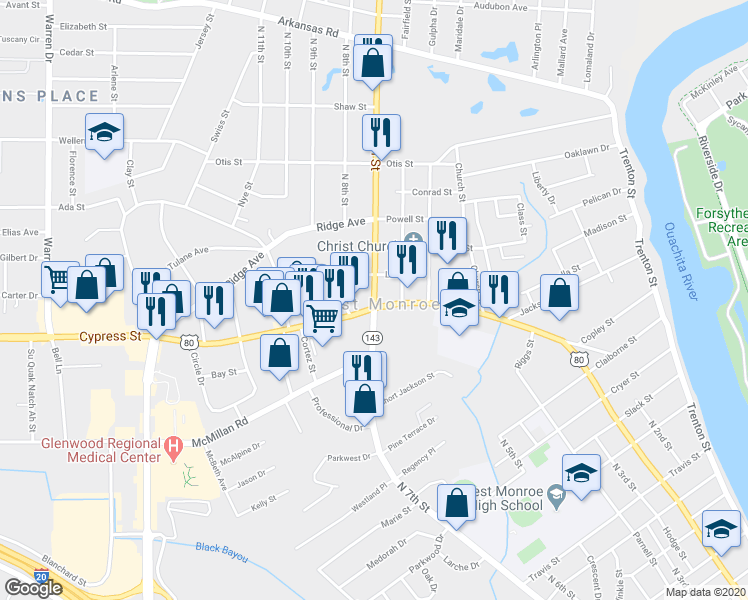 map of restaurants, bars, coffee shops, grocery stores, and more near 2161 North 7th Street in West Monroe