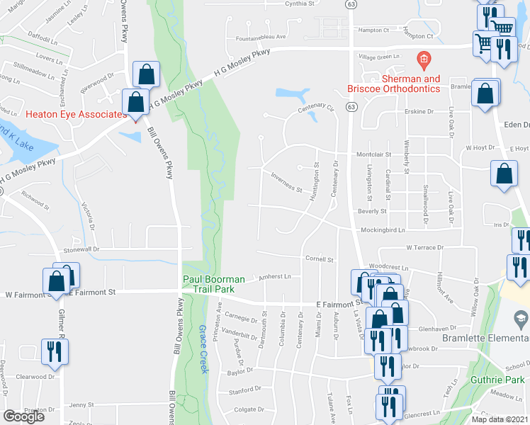 map of restaurants, bars, coffee shops, grocery stores, and more near 1620 Clarendon Street in Longview