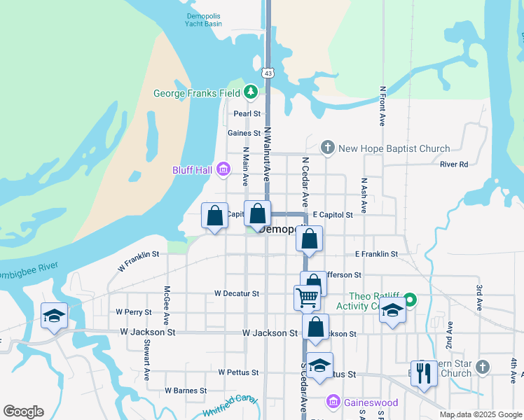 map of restaurants, bars, coffee shops, grocery stores, and more near 100 West Capitol Street in Demopolis
