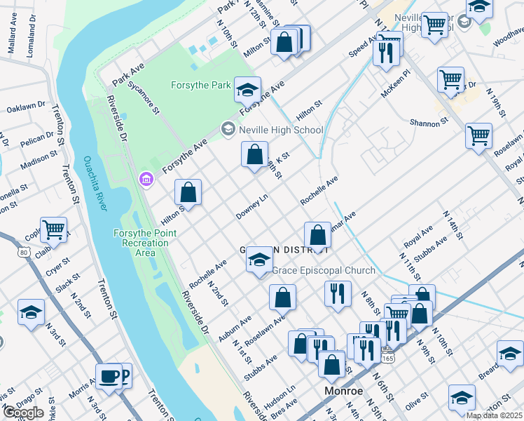 map of restaurants, bars, coffee shops, grocery stores, and more near 1606 N 6th St in Monroe